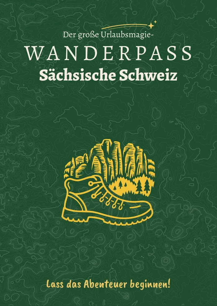 Cover des großen Urlaubsmagie-Wanderpasses: dunkelgrün mit goldenem Wanderschuh