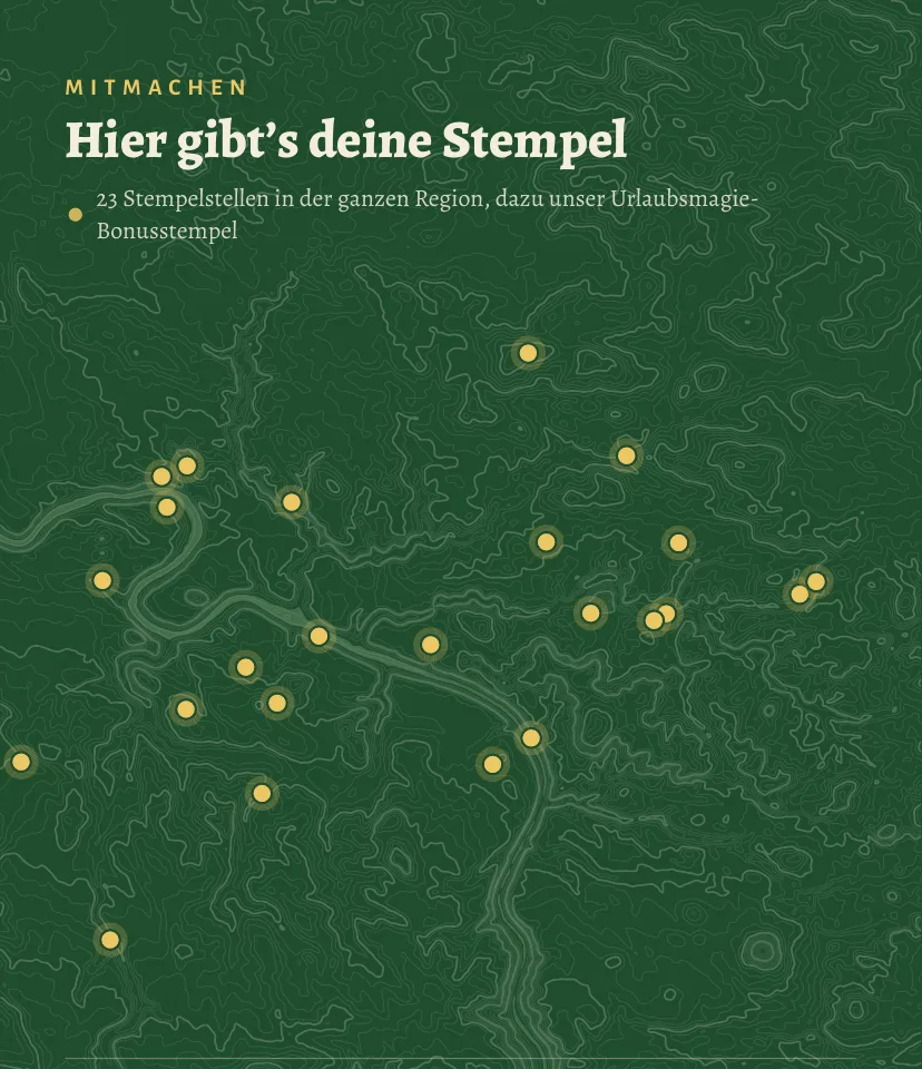 Karte von der Rückseite des Wanderpasses: die Sächsische Schweiz mit allen 23 Stempelstellen
