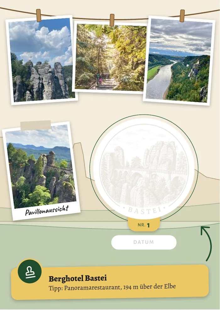 Fotoseite der Bastei-Tour mit Polaroids und Stempelfeld