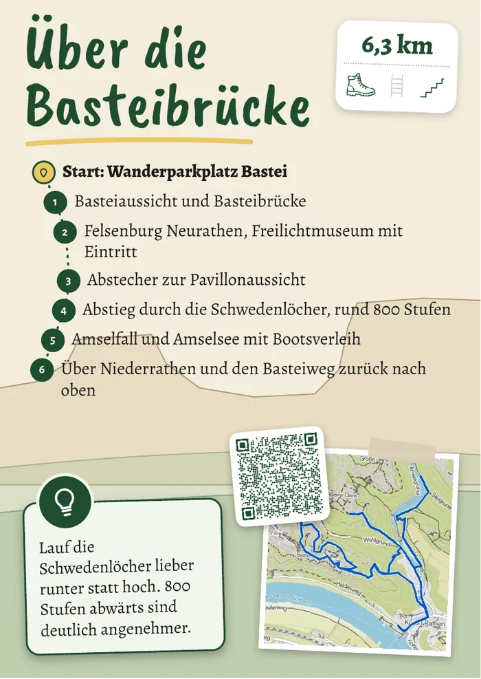 Tourenseite „Über die Basteibrücke“ mit Stationen, Länge und QR-Code